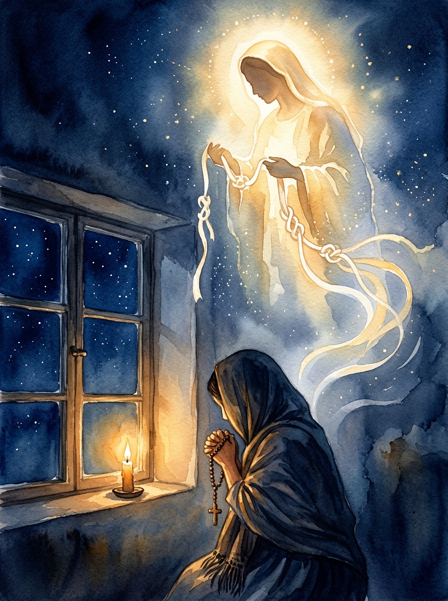 Ilustración de la Virgen desatando una cinta con nudos frente a una mujer que reza el rosario junto a una vela